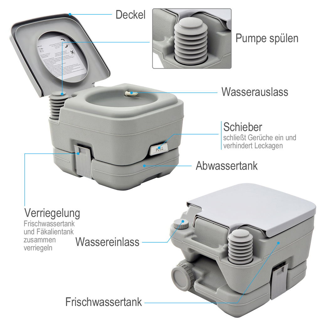 HOMCOM Outdoor-WC, tragbare Toilette, Abfalltank, Spültank, Kunststoff, Deckel, Grau