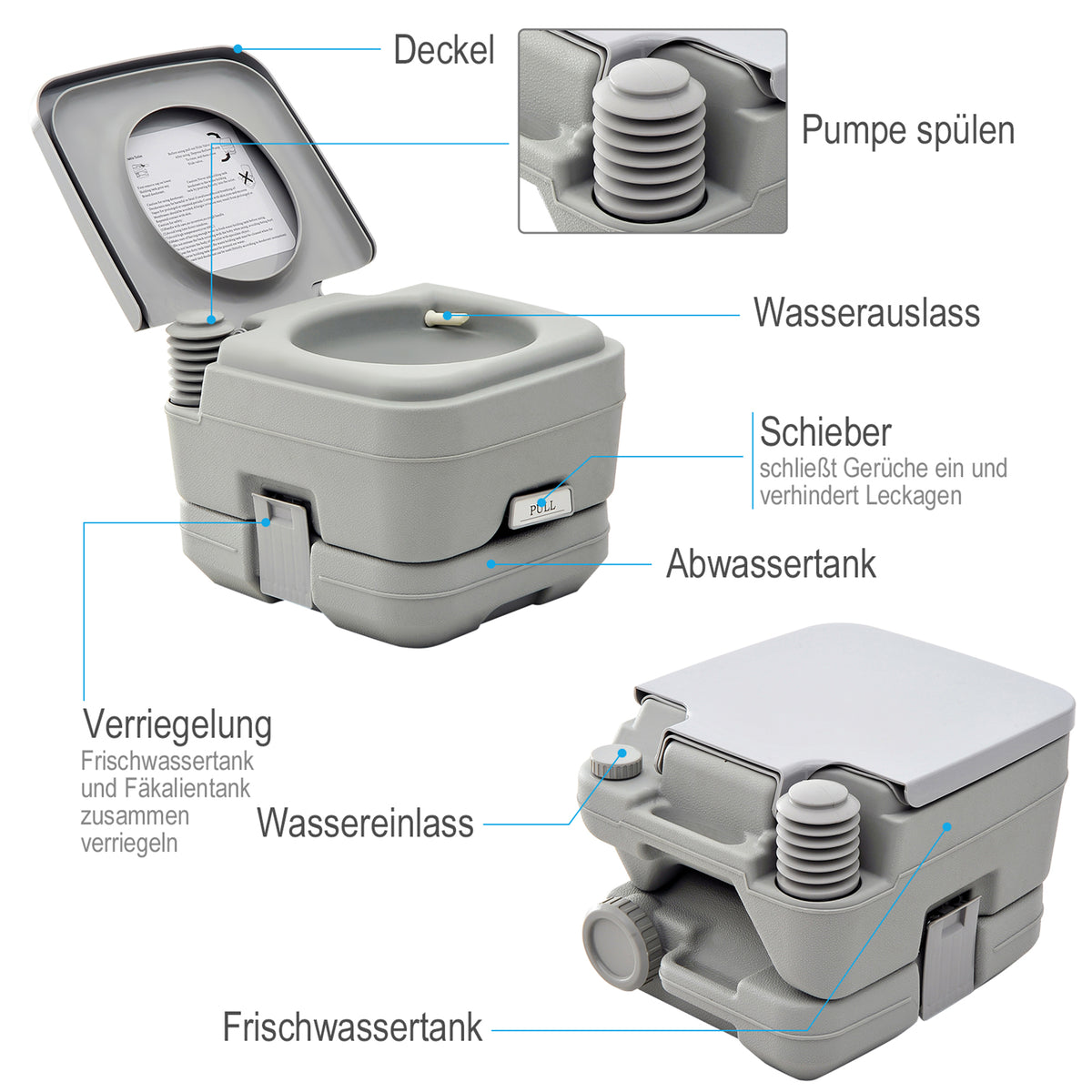 HOMCOM Outdoor-WC, tragbare Toilette, Abfalltank, Spültank, Kunststoff, Deckel, Grau
