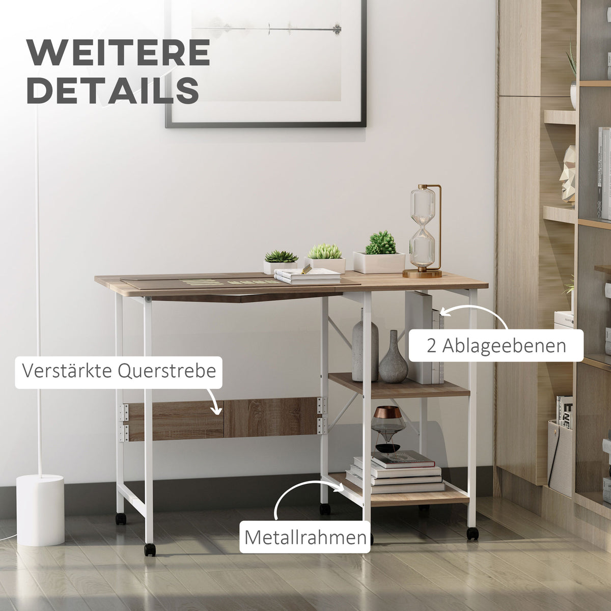 HOMCOM Klapptisch Schreibtisch Beistelltisch Bürotisch Mobiler Computertisch mit Rollen MDF Natur 107 x 55 x 76 cm