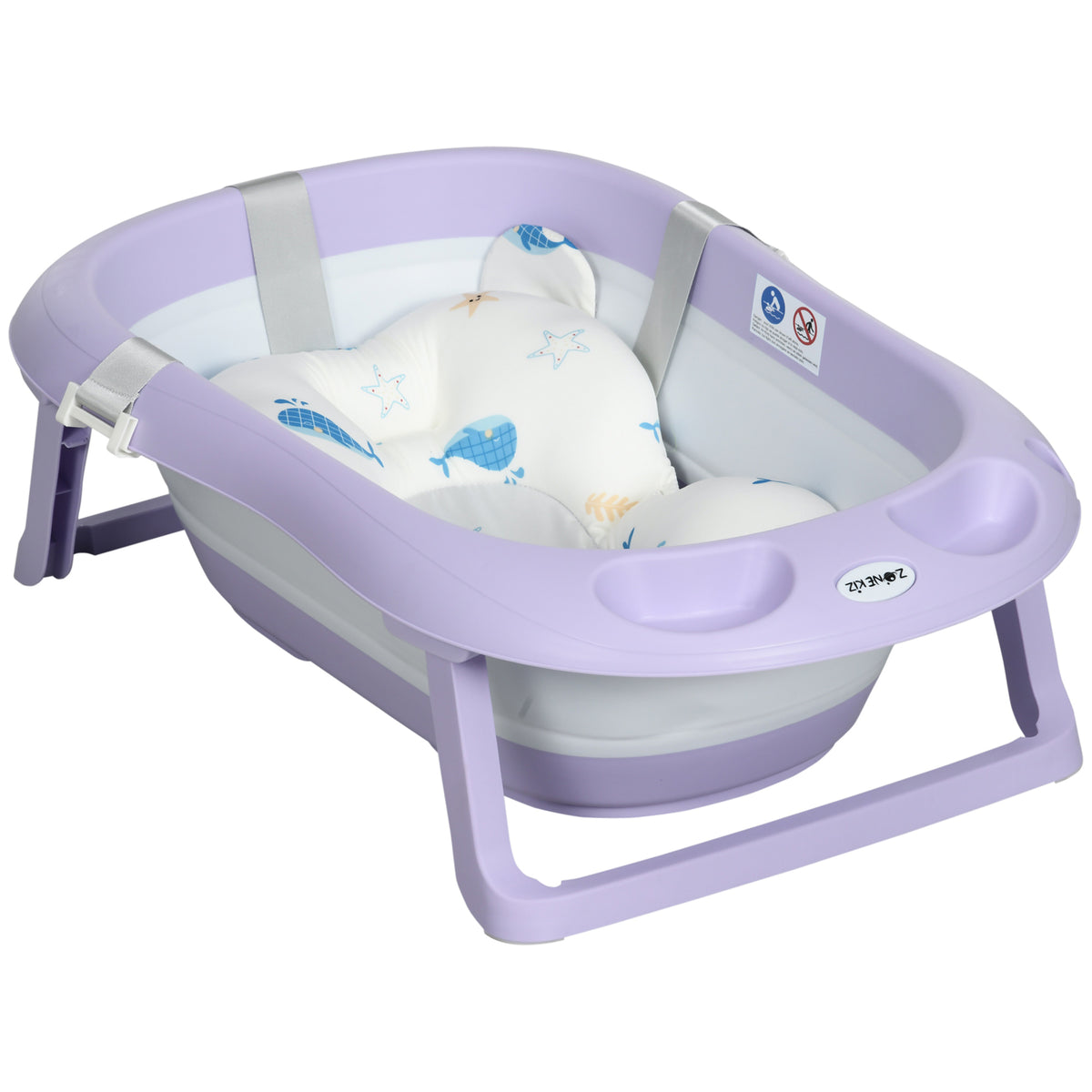 ZONEKIZ Faltbare Babybadewanne für Kinder von 0-6 Jahren mit Kissen und 2 Regalen, 83x48x23,5 cm, Lila und Weiß