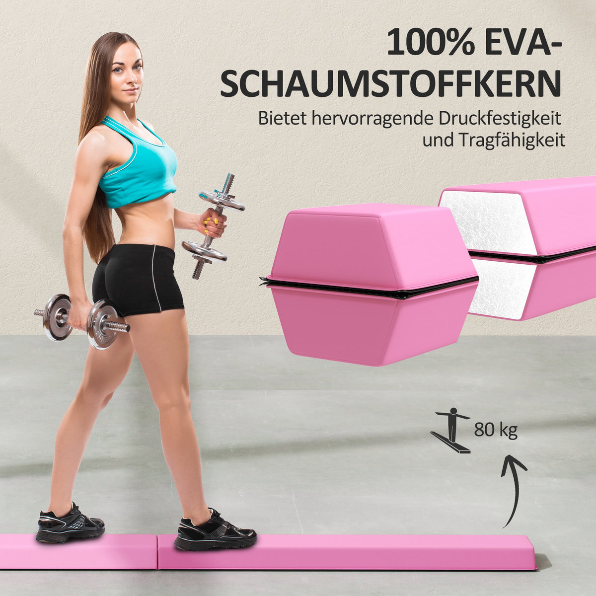 SPORTNOW Schwebebalken 2,4 m, faltbar, rutschfester Boden, für 3+ Jahre, bis 80 kg, Hellrot