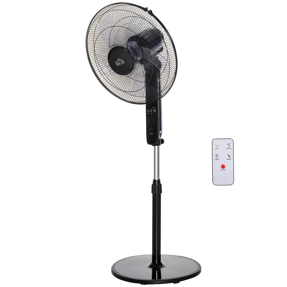 HOMCOM Standventilator mit Fernbedienung, Ventilator, Höhenverstellbarer Lüfter, 3 Geschwindigkeitsstufen, Verstellbarer Neigungswinkel, Metall, Schwarz, Ø44,5 x H110-124 cm