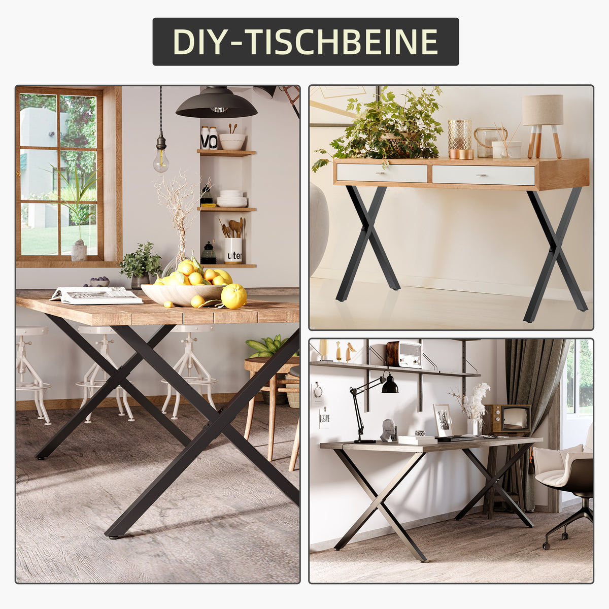 HOMCOM 2 Stück Stahl Tischbeine Tischfüße für Esstisch Schreibtisch Couchtisch Tischgestell in X-Form Schwarz 72cm