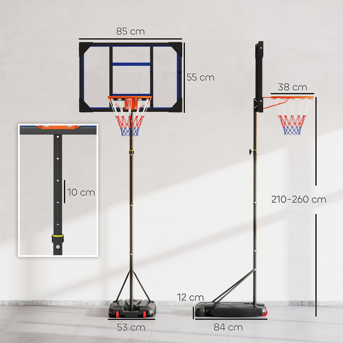 AIYAPLAY Basketballkorb für Kinder, höhenverstellbar von 210-260 cm, Outdoor und Indoor mit Rädern, Standfuß, Blau