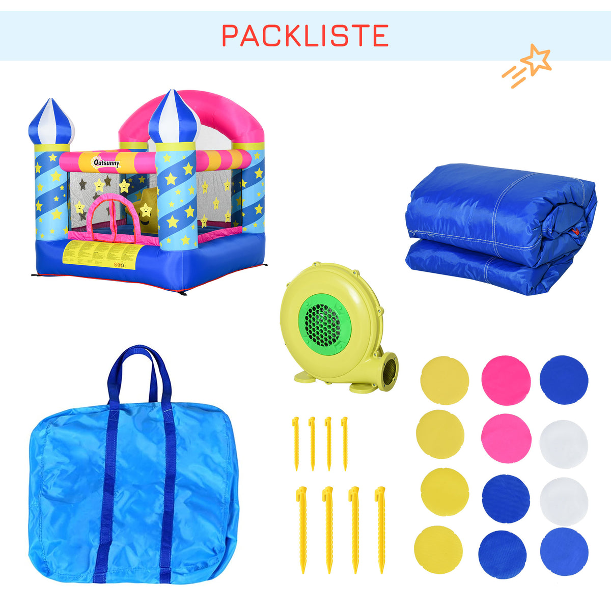 Outsunny Selbstaufblasende Hüpfburg, inklusive Gebläse, 1 Reparatur-Kit, für Kinder von 3 bis 12 Jahren, Bunt