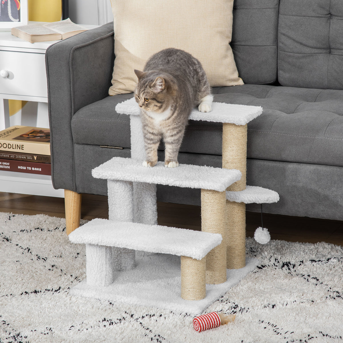 PawHut Katzentreppe 3-stufige Haustiertreppe mit Kratzsäulen Ball Hundetreppe Tiertreppe für Katzen bis 5 kg Plüsch Jute Weiß 45 x 40 x 48 cm