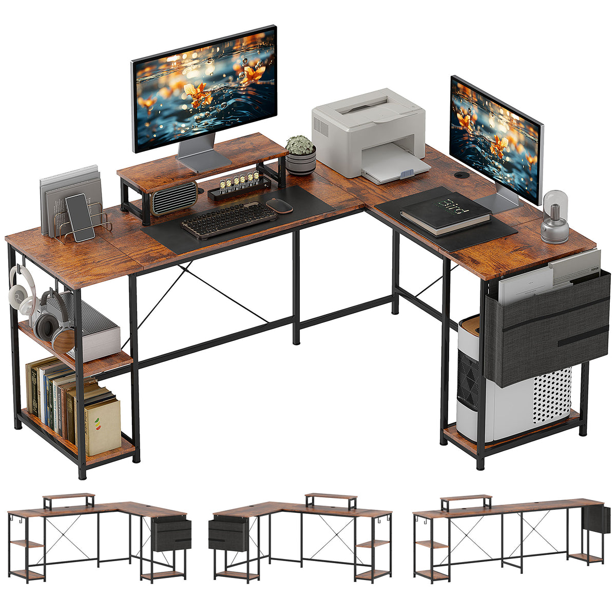 HOMCOM L-förmiger Schreibtisch, Vielseitiger Bürotisch mit einstellbaren Regalen und Aufbewahrungstasche, Monitorständer, Braun