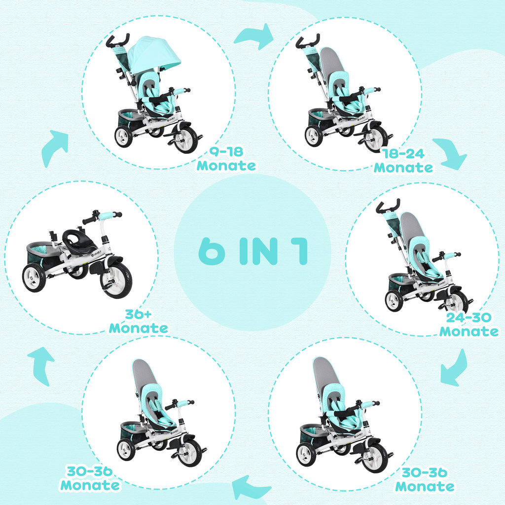 HOMCOM Kinder-Dreirad, Kinderfahrrad, Rückenkorb, Becherhalter, Sonnendach, Metall, Grün