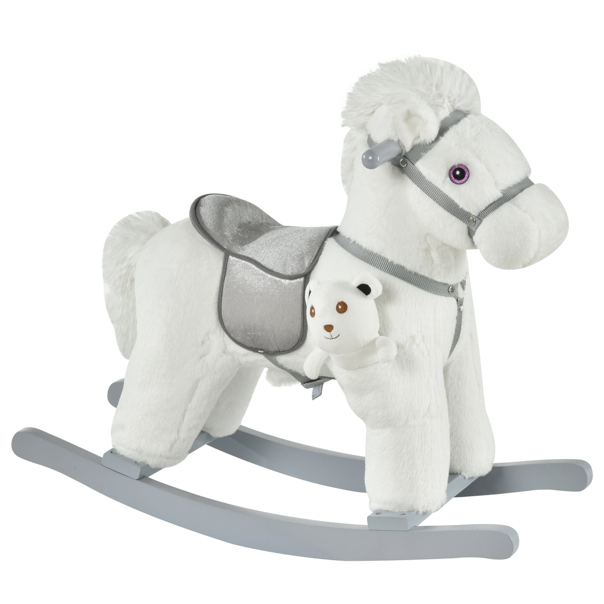 HOMCOM Kinder Schaukelpferd Baby Schaukeltier mit Tiergeräusche Spielzeug Haltegriffe für 18-36 Monate Plüsch Weiß 65 x 26 x 55 cm