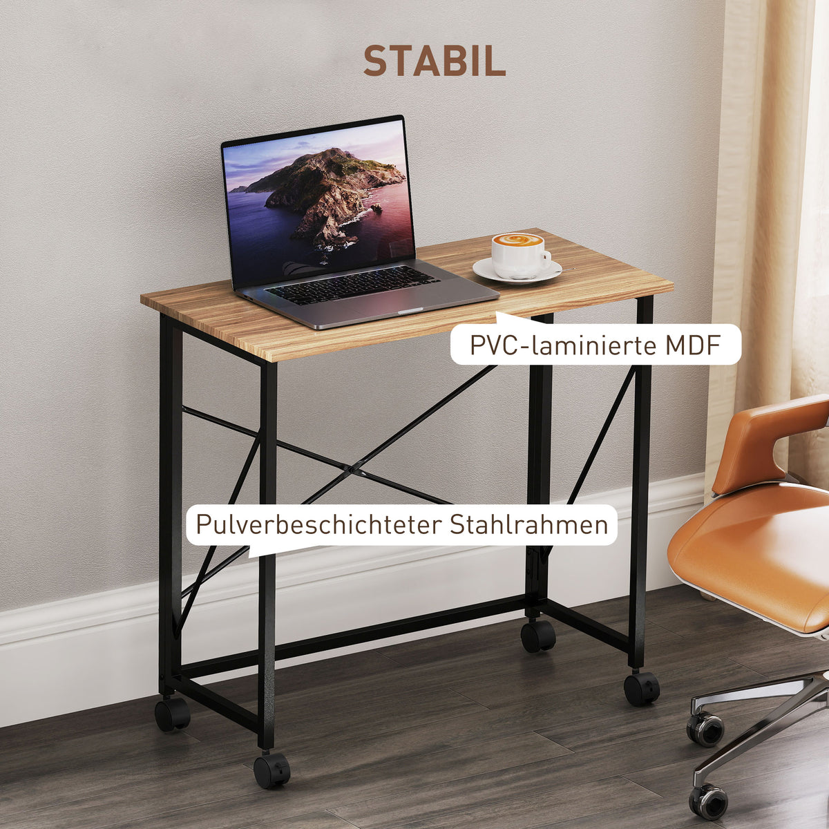 HOMCOM Klappbarer Schreibtisch mit Rädern, platzsparend, Stahl, MDF, Eiche