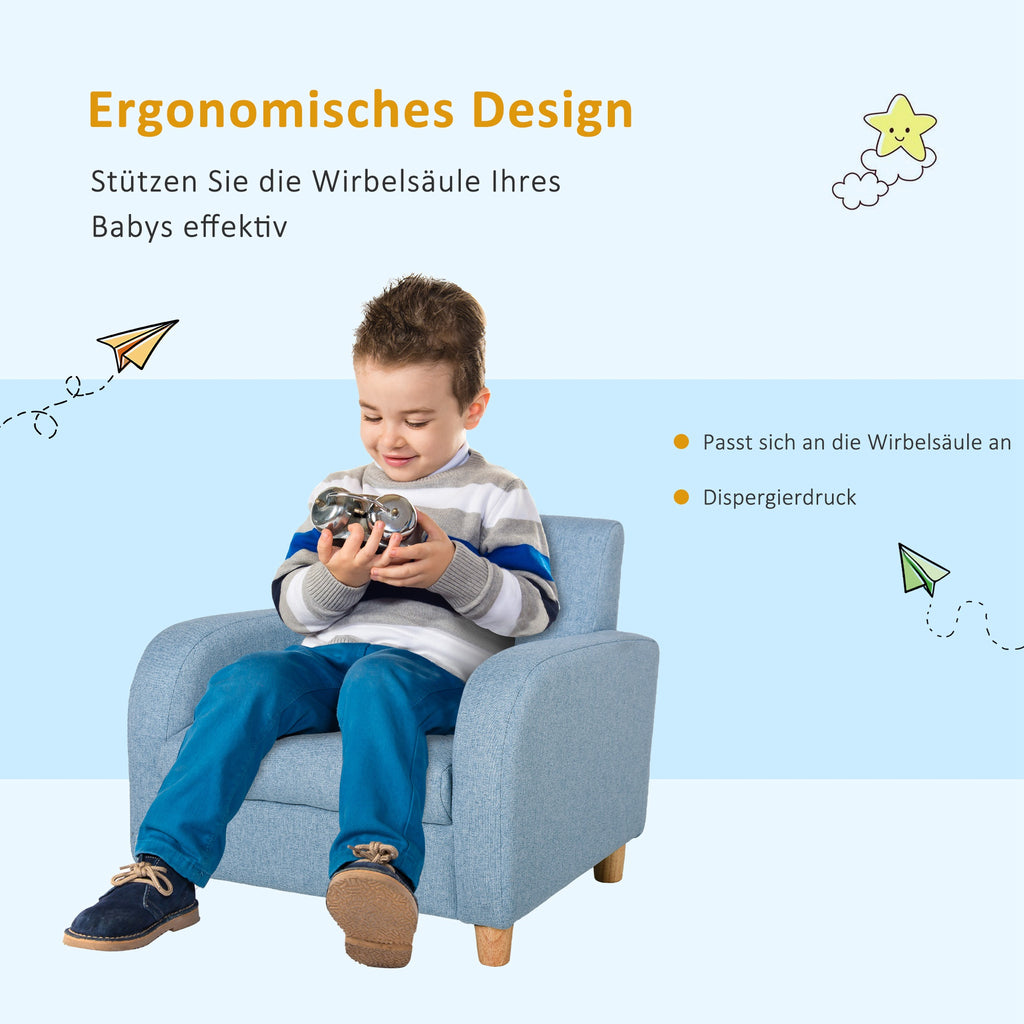 HOMCOM Kindersessel Kindersofa mit dickem Schaumstoff und dicken Sitzkissen Kindercouch Stuhl Liegesofa mit Anti-Rutsch-Füßen für 3-5 Jahre Kinder Holz Leinen Schaumstoff Blau 49x45x44,5 cm