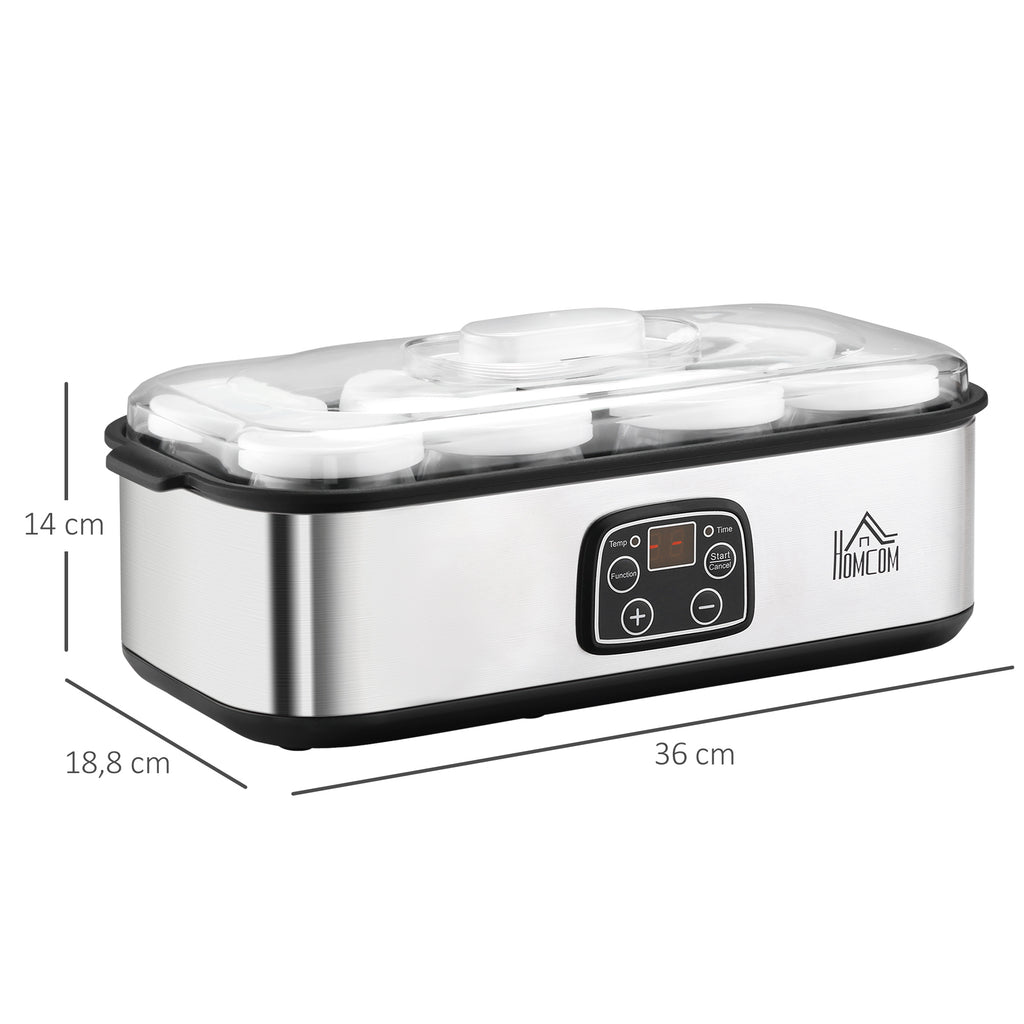 HOMCOM Joghurtbereiter 25W Joghurtmaschine mit LCD-Display 8 Joghurtgläser mit Deckel aus Glas 180ml einstellbare Temperatur und Zeit PC PP-Kunststoff Edelstahl Glas Silber 36 x 18,8 x 14 cm