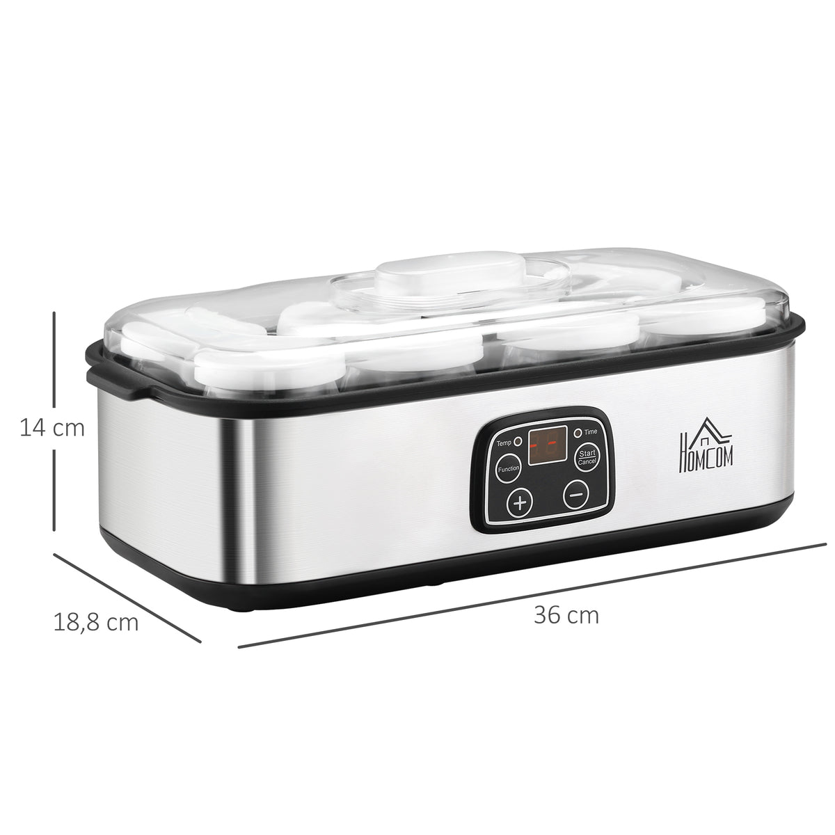 HOMCOM Joghurtbereiter 25W Joghurtmaschine mit LCD-Display 8 Joghurtgläser mit Deckel aus Glas 180ml einstellbare Temperatur und Zeit PC PP-Kunststoff Edelstahl Glas Silber 36 x 18,8 x 14 cm