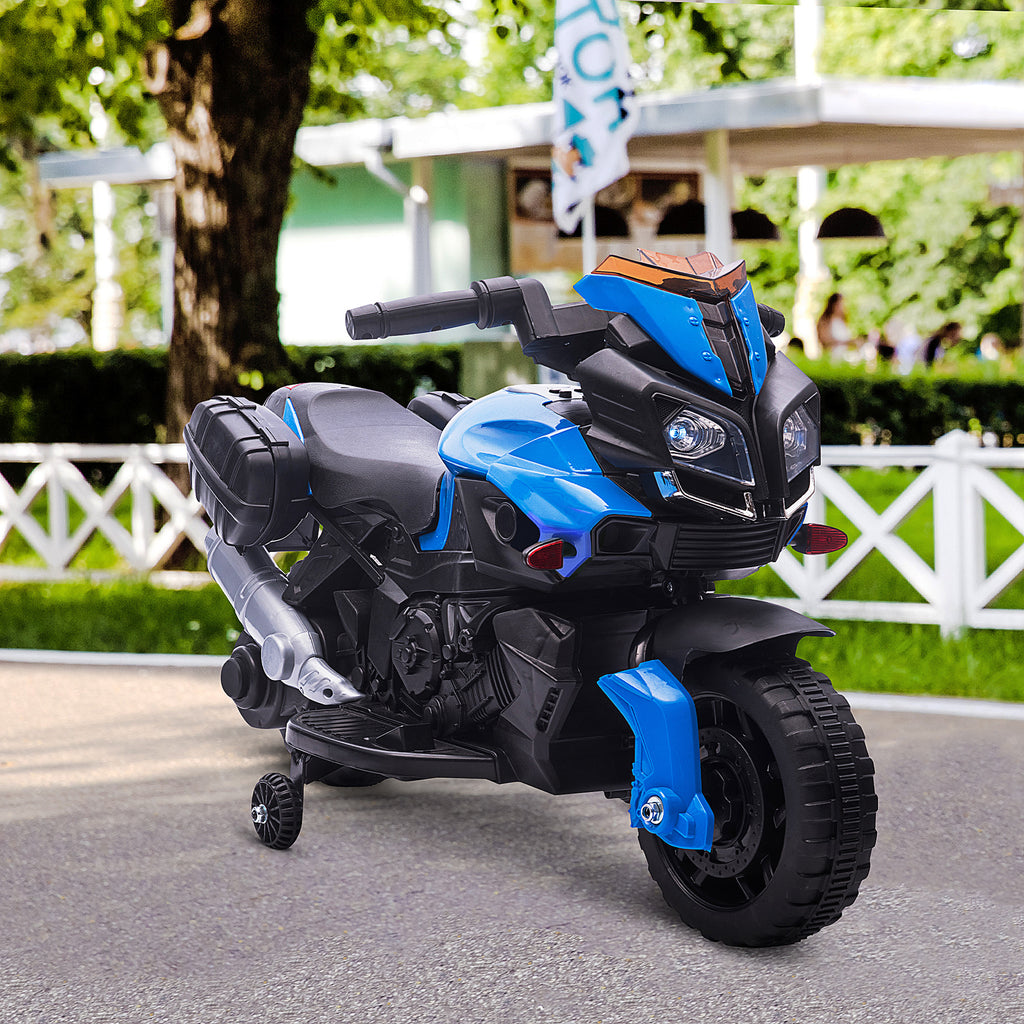 HOMCOM Elektro-Kinderfahrzeug 6 V 3 Km/h Licht- und Soundeffekte abnehmbare Räder Fußstützen Seitentaschen Metall PP Blau Schwarz