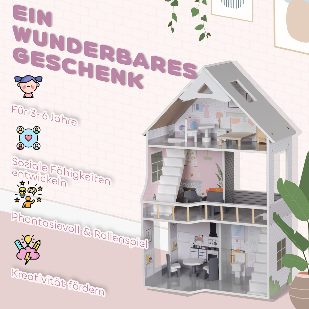 AIYAPLAY Puppenhaus aus Holz mit 13 Möbelstücken und Zubehör, 3-stöckiges Spielhaus für Kinder im Alter von 3-6 Jahren