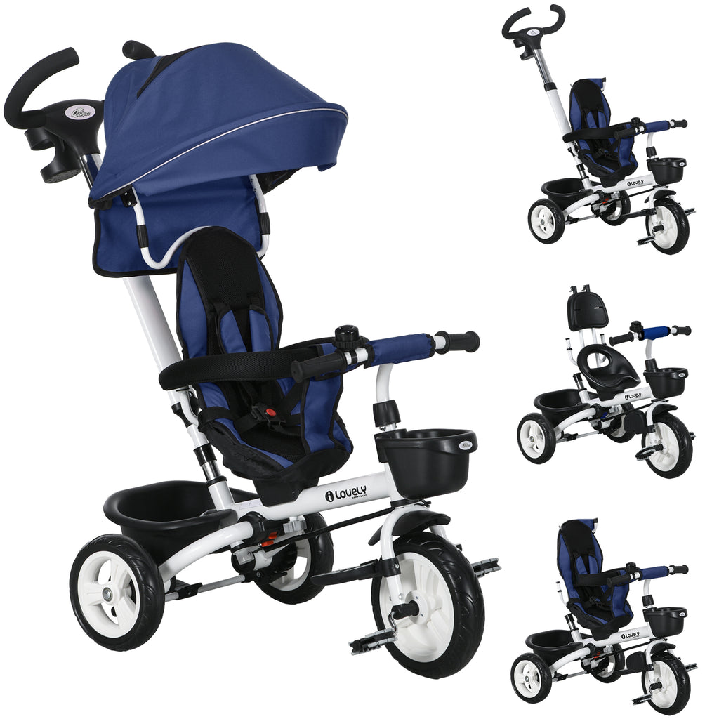HOMCOM 6-in-1 Kinderdreirad mit Schiebestange, Dach, Gurt, Ablagekorb, 18+ Monate, Dunkelblau