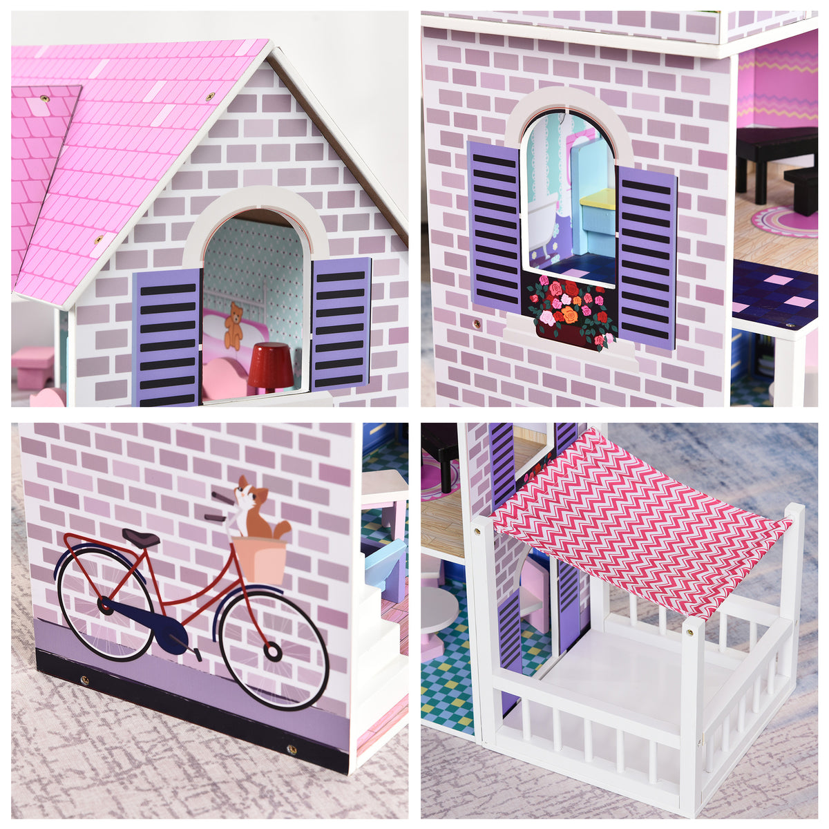 HOMCOM Puppenvilla Mädchen Spielzeug Kinder Puppenhaus aus Holz Puppenstube Dollhouse 3 Etagen mit Möbel und Zubehör 86 x 30 x 87 cm