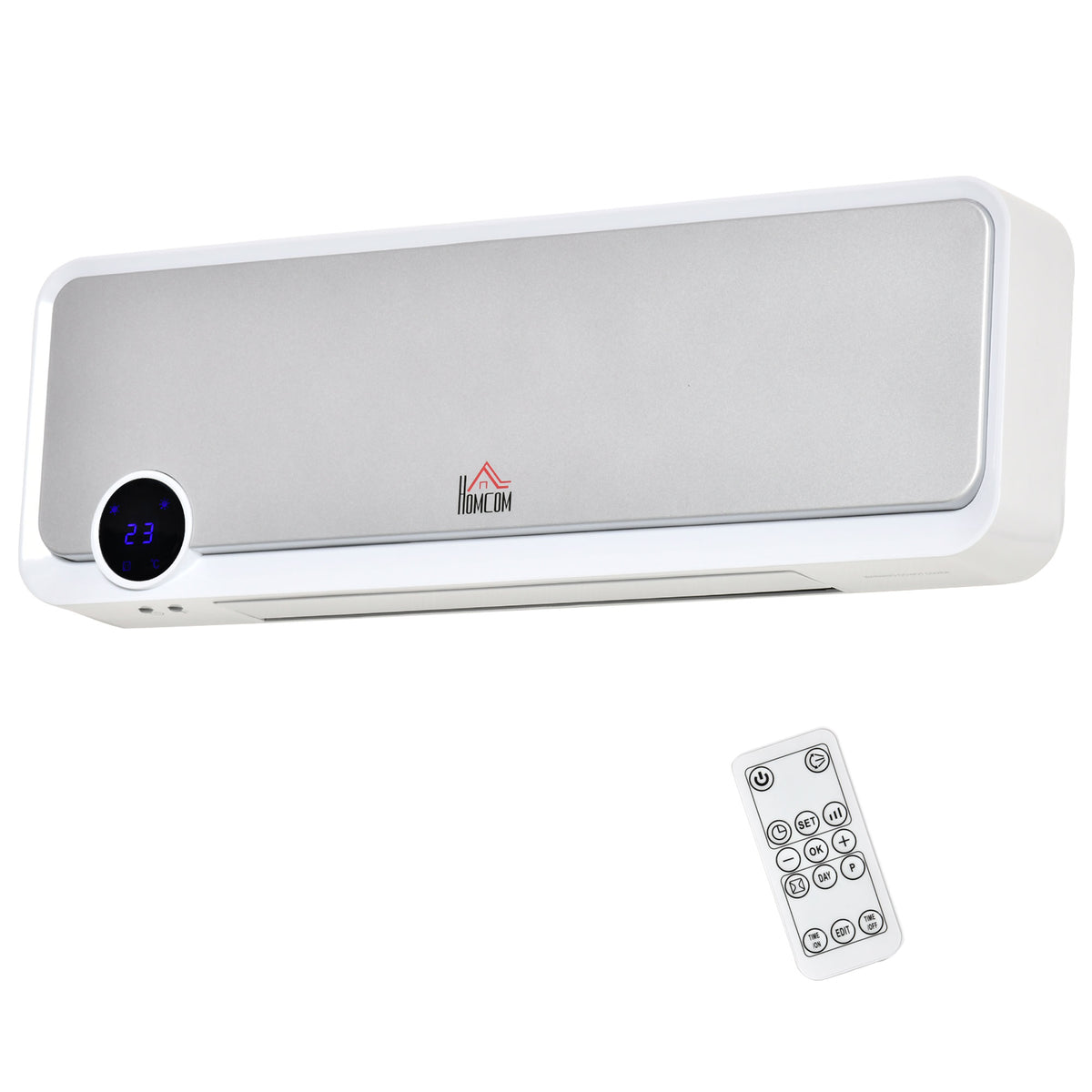 HOMCOM Wandmontierter oszillierender Heizlüfter 2000 W - Keramik-PTC-Heizung - 3 Leistungsstufen - Fernbedienung inklusive Weiß Silber