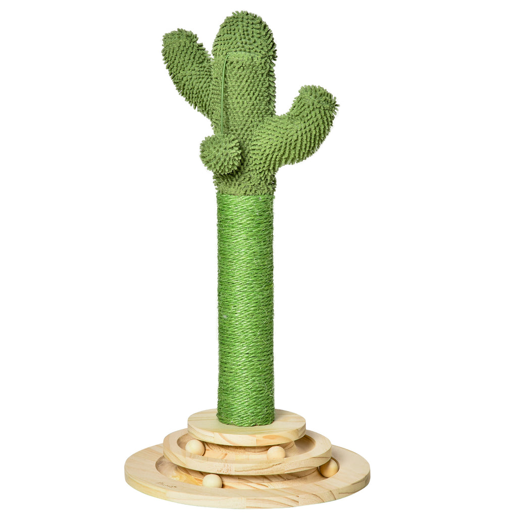 PawHut Katzen Kratzbaum Kaktus Katzenbaum Kiefernholz Sisal Seil Kratzstamm mit Holzkugel-Katzenspielzeug für Katzen 60 cm Hoch Grün+Natur