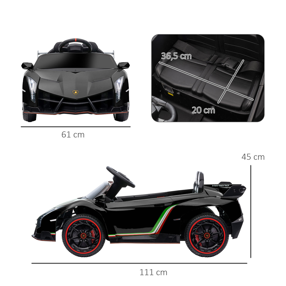 HOMCOM Elektro Kinderauto, lizenzierter Lamborghini Veneno, 3-7 km/h, Flügeltüren, Musikplayer, Fernsteuerung, Schwarz