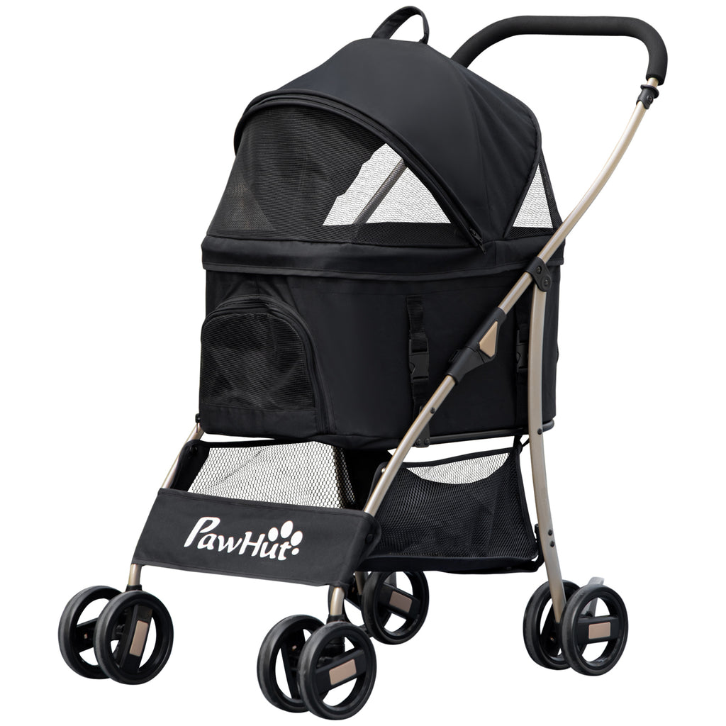PawHut 2-in-1 Hundewagen und Transportkorb bis 10 kg Klappbar Netzfenster Bodenkorb 82 cm x 49,5 cm x 98 cm Schwarz