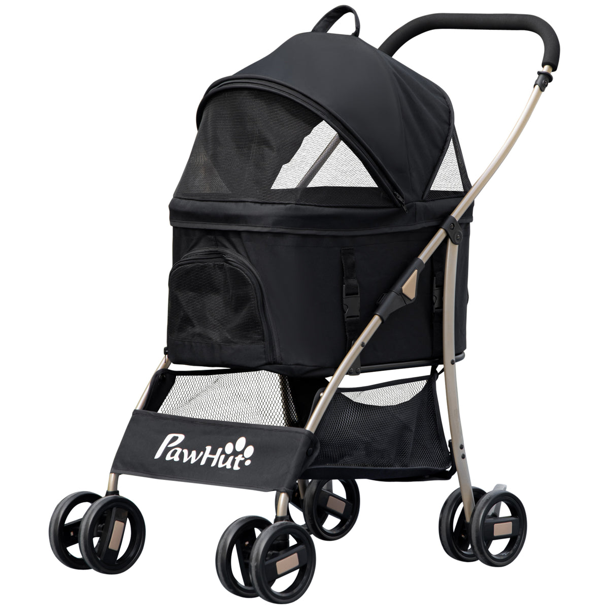 PawHut 2-in-1 Hundewagen und Transportkorb bis 10 kg Klappbar Netzfenster Bodenkorb 82 cm x 49,5 cm x 98 cm Schwarz
