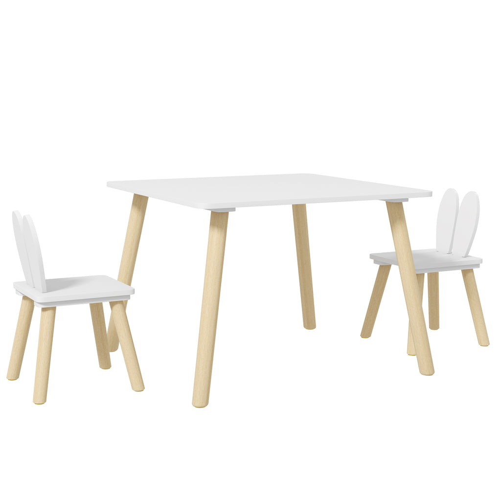 AIYAPLAY Kinder-Tisch- und 2-Stühle-Set skandinavisches Design mit Hasenohrenmuster Kieferholz Weiß