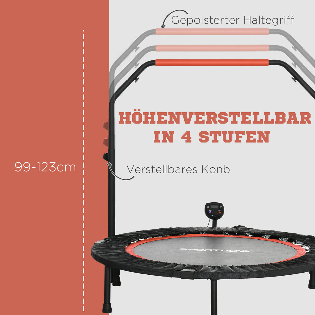 SPORTNOW Mini-Trampolin, mit höhenverstellbarem Haltegriff, LCD-Monitor, Stahl, schwarz+rot, Ø102 x 99-123cm