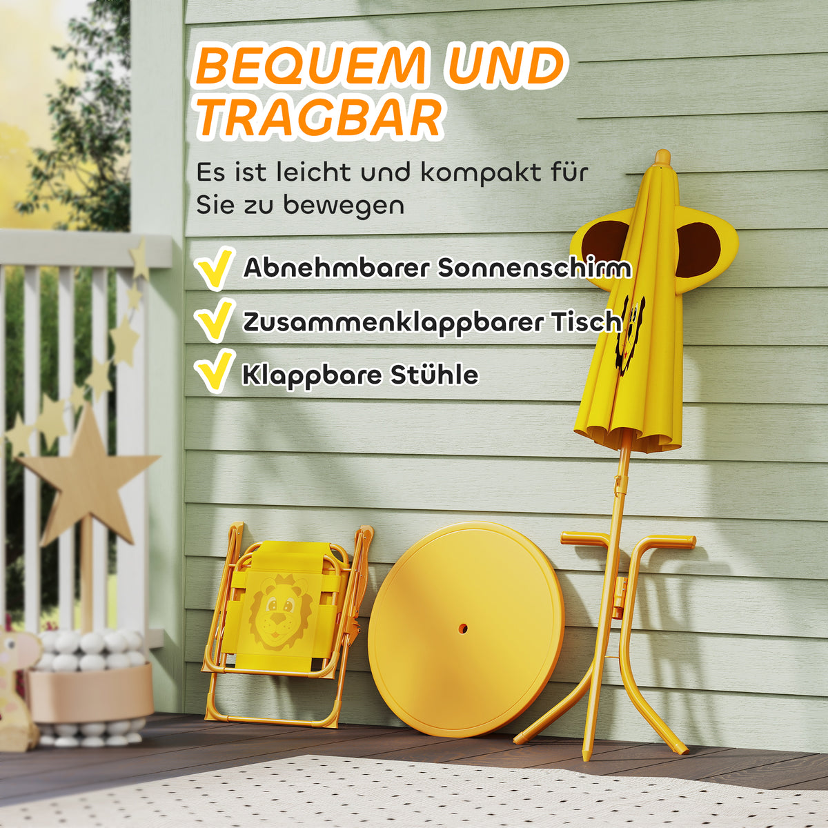 AIYAPLAY Gartenmöbel-Set für Kinder, Stühle, Tisch, Sonnenschirm, Löwen-Design, Gelb