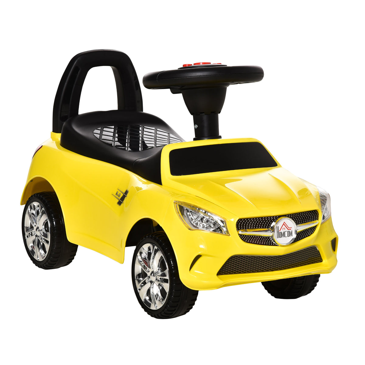 HOMCOM Kinderfahrzeug Rutschauto mit Lenkrad, Scheinwerfern und integrierter Musik, Kinderfahrzeug aus PP und Metall, 63,5x28x36 cm, Gelb