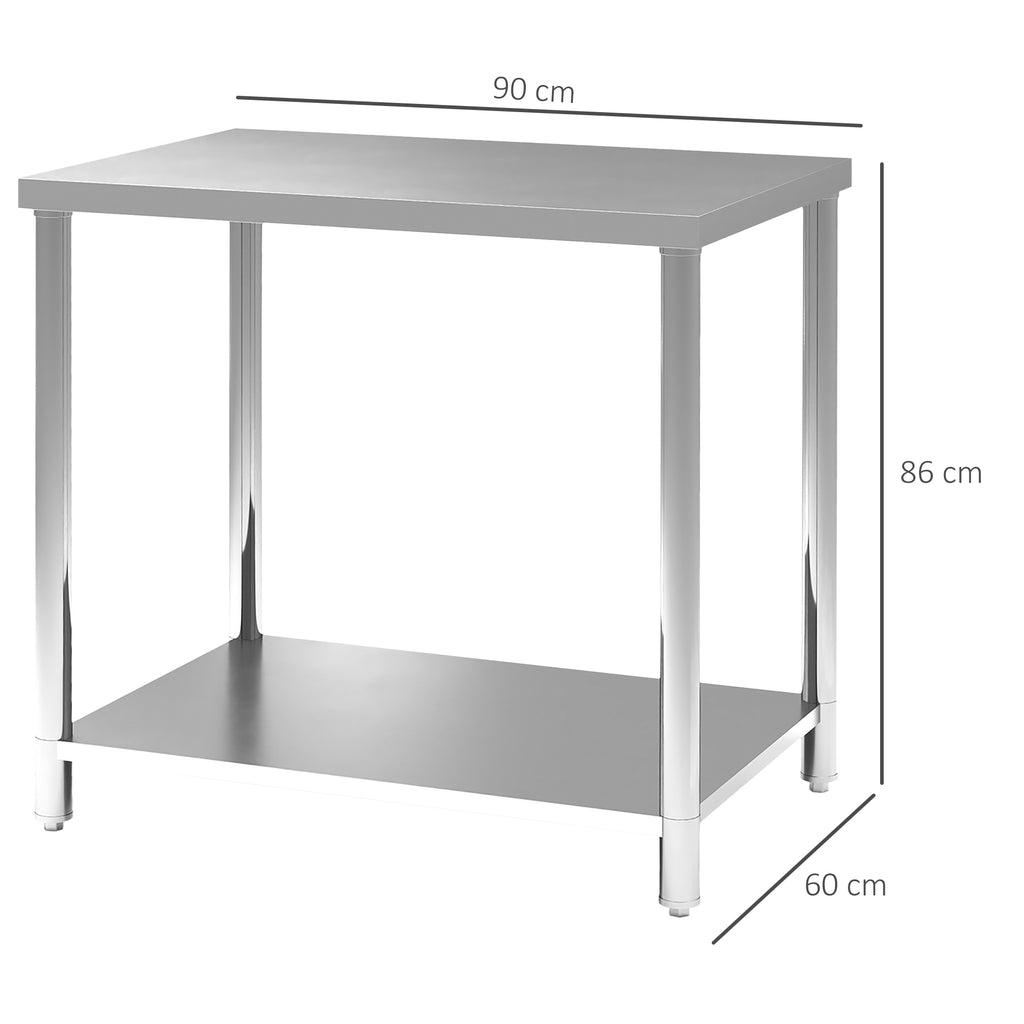 HOMCOM Arbeitstisch aus Edelstahl, 2 Regale, für Küche, Garage, Garten, 90 x 60 x 86 cm, silber