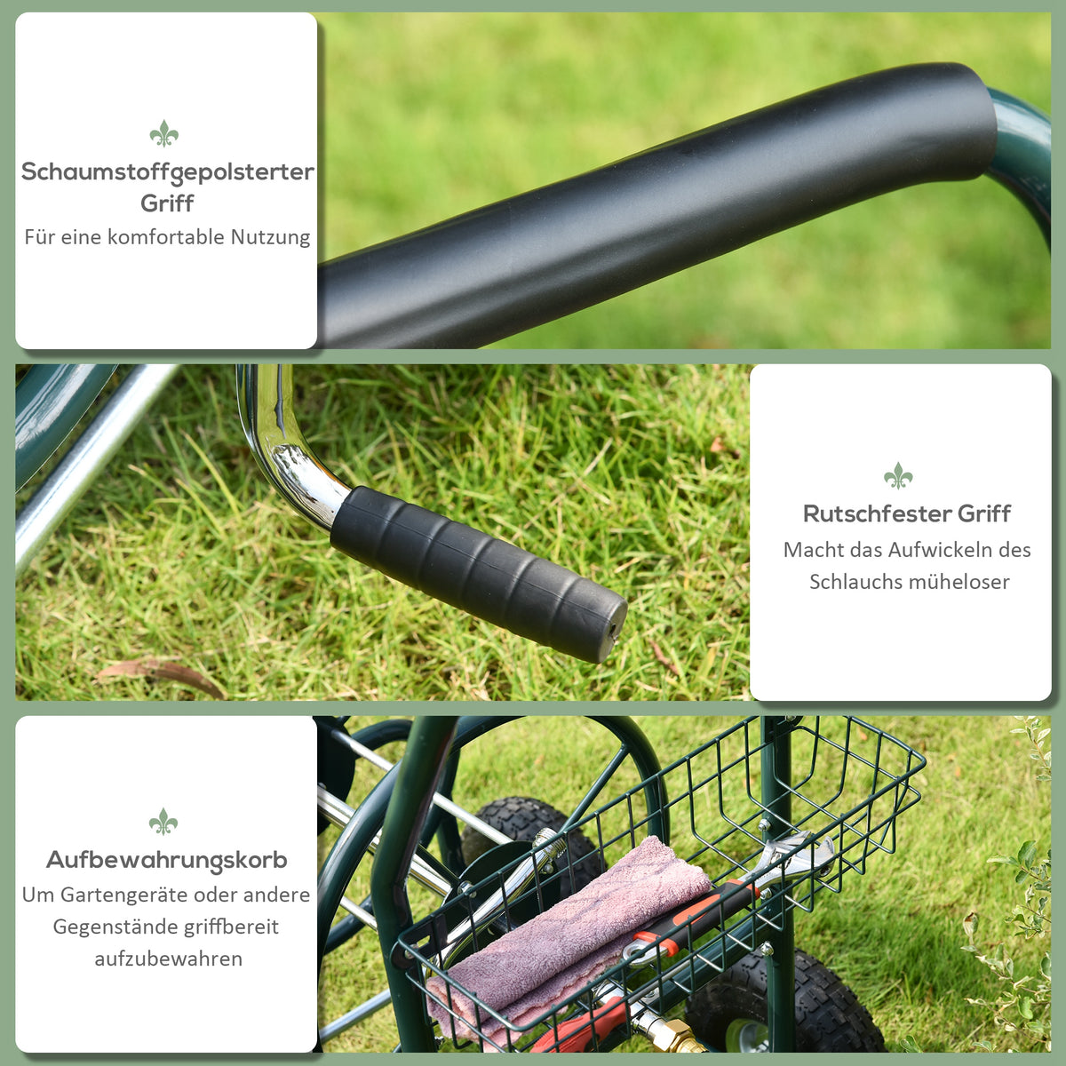 Outsunny Schlauchwagen für Gartenschlauch max. 70 m (Ø15 mm Schlauch) mit Aufbewahrungskorb Stahl Nylon 83 x 60 x 92,5 cm