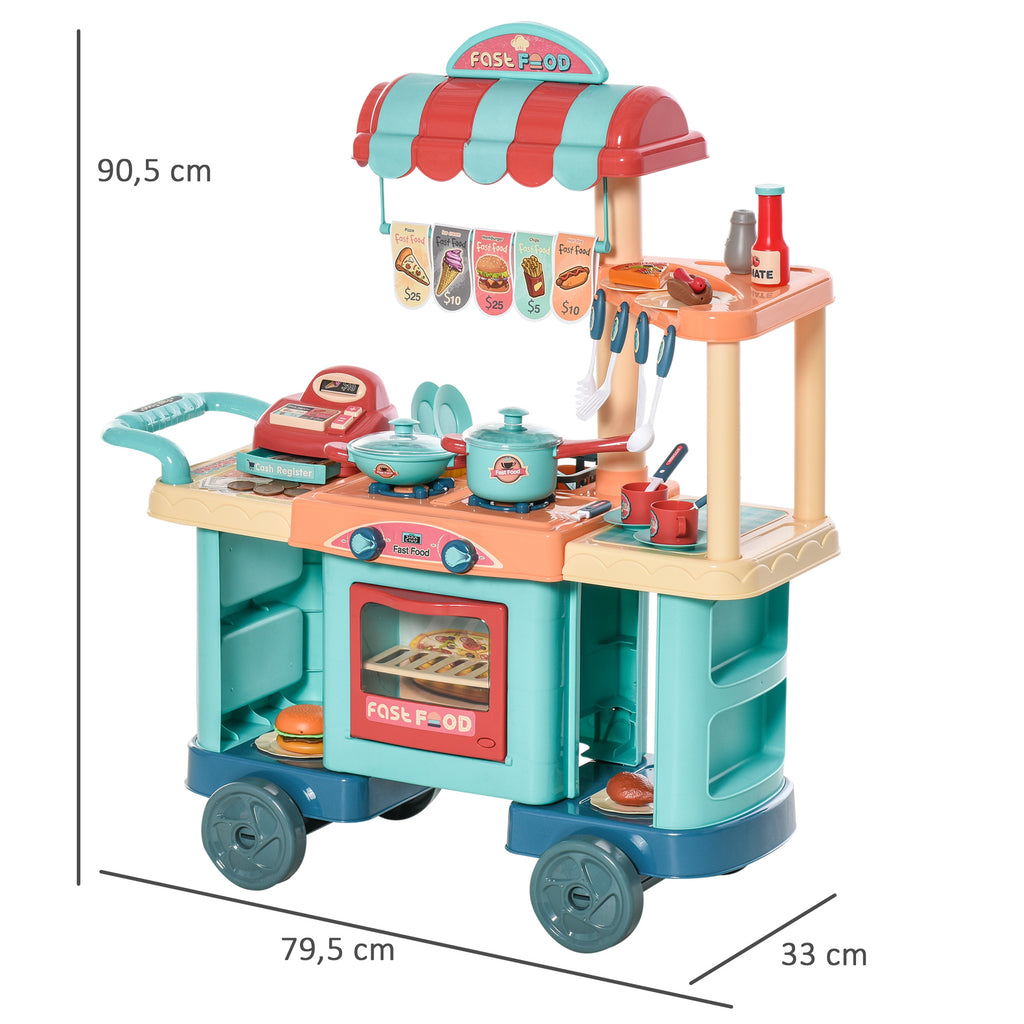 HOMCOM Kinderküche mit Zubehör 50-Teilige Spielküche Spielzeugküche Kunststoff Blau+Rot+Orange 79,5 x 33 x 90,5 cm