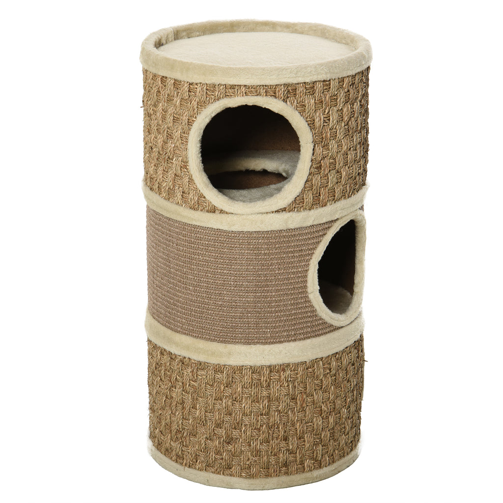 PawHut Kratztonne, Höhe 70 cm, Katzenkratzbaum für katzen 3 Ebenen Katzenbaum Kletterbaum Katzenmöbel mit Sisal Plüsch