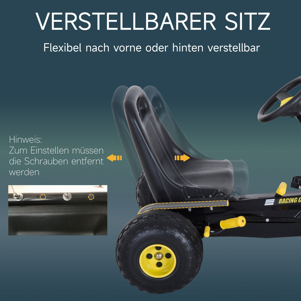 HOMCOM Gokart mit verstellbarem Sitz Tretauto Tretfahrzeug mit Handbremse Pedal Gokart Pedalfahrzeug ab 3 Jahre Kinder Schwarz 95 x 66,5 x 57 cm
