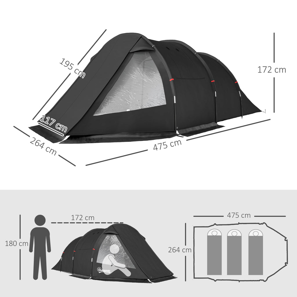 Outsunny Campingzelt Trekkingzelt Zelt, wetterbeständig, 2 Räume,  475 x 264  cm Breite x 172, Schwarz