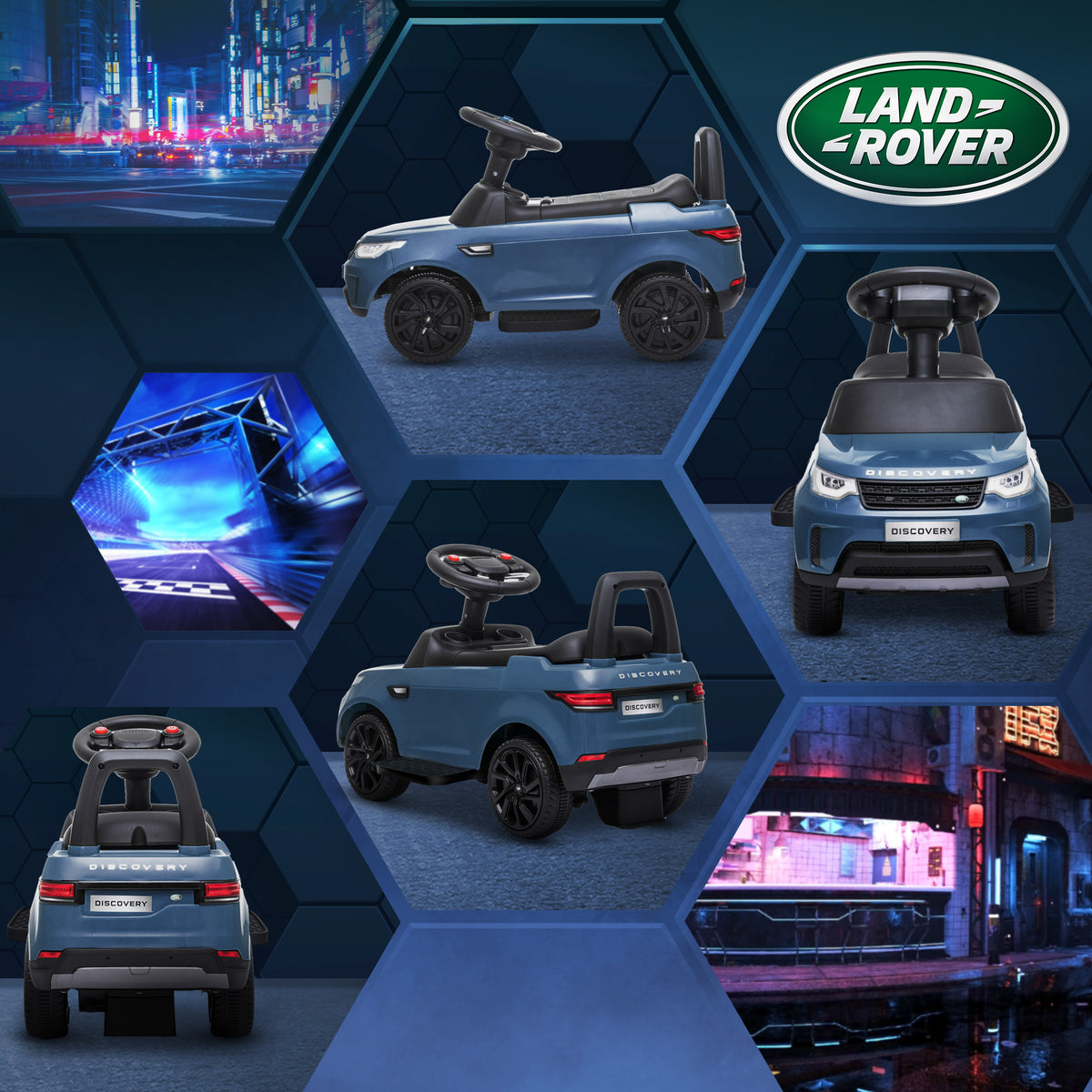 AIYAPLAY Elektro Kinderauto 6V, Land Rover, Fahr-/Schiebemodus, Scheinwerfer, Musik, Hellblau