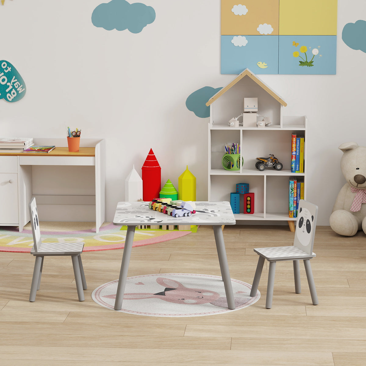 ZONEKIZ Kindertisch und 2 Stühle für Kinder 3-8 Jahre aus MDF und Kiefernholz, Grau