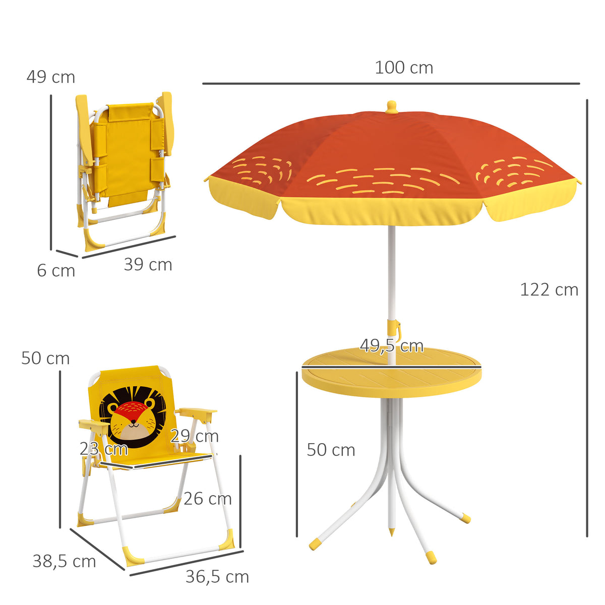 Outsunny Gartenmöbelset für Kinder, 4-teilig, Löwenmotiv mit verstellbarem Sonnenschirm Ø 100 cm, klappbarer Stuhl, Gelb