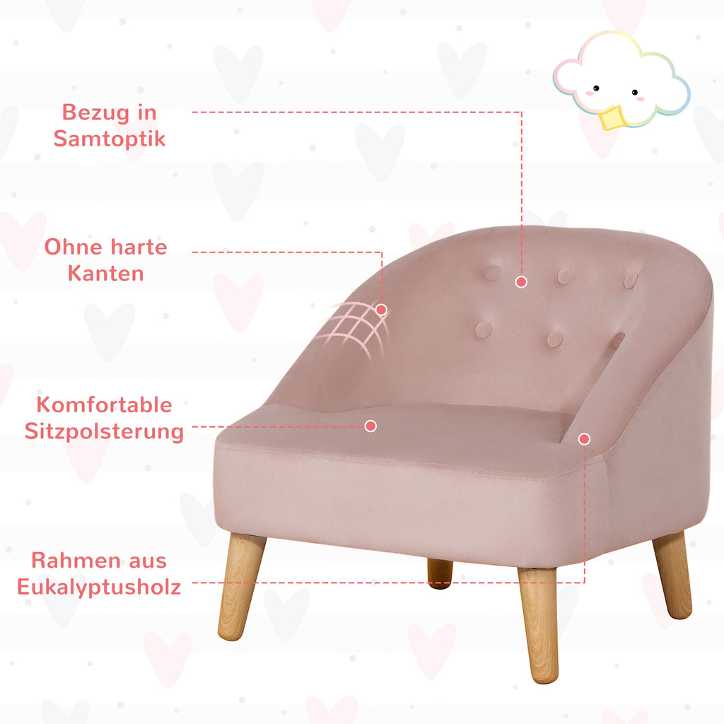 HOMCOM Kindersessel mit Ottomane für Kinder von 3 bis 5 Jahren Niedliches Design Samtoptik 51 cm x 51 cm x 50 cm Rosa