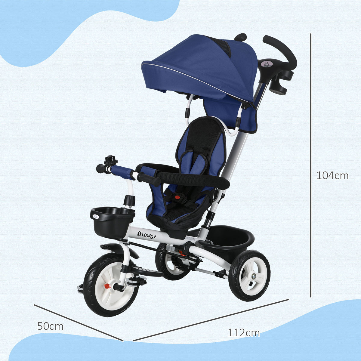 HOMCOM 6-in-1 Kinderdreirad mit Schiebestange, Dach, Gurt, Ablagekorb, 18+ Monate, Dunkelblau