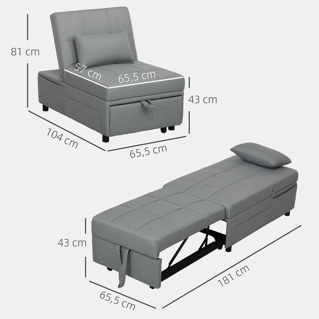 HOMCOM 3-in-1 Klappsessel mit Seitentasche, Gästebett mit Kissen, Verstellbarer Rückenlehne, Bettsessel mit Rollen, Hellgrau