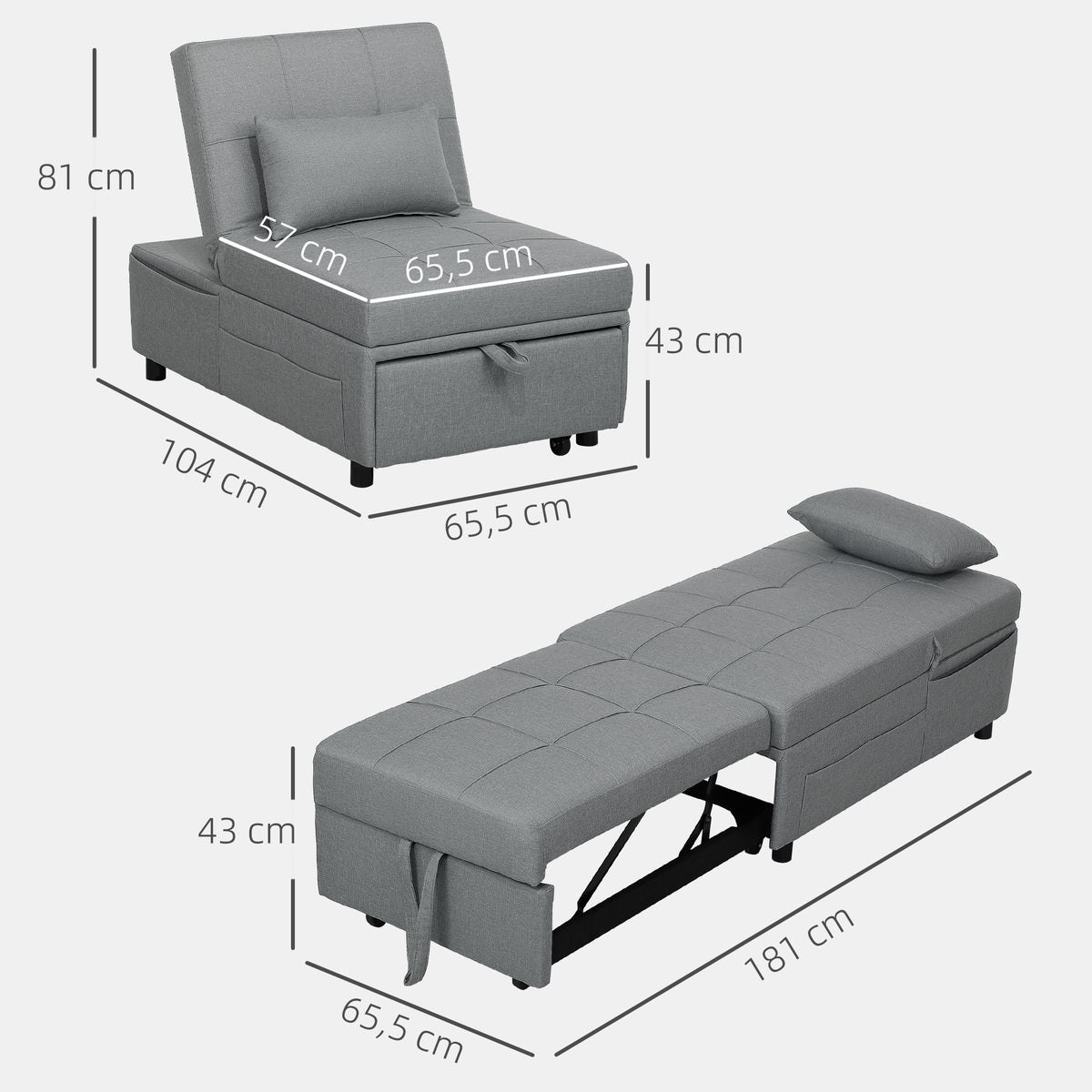 HOMCOM 3-in-1 Klappsessel mit Seitentasche, Gästebett mit Kissen, Verstellbarer Rückenlehne, Bettsessel mit Rollen, Hellgrau