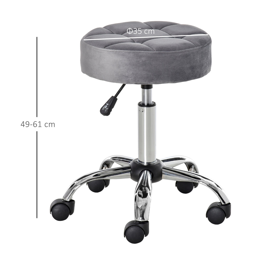 HOMCOM Salonstuhl mit Rädern Rollhocker höhenverstellbar drehbar Salon Hocker Samt-Touch Schaumstoff Chrom-Basis Hellgrau 35 x 35 x 49-61 cm
