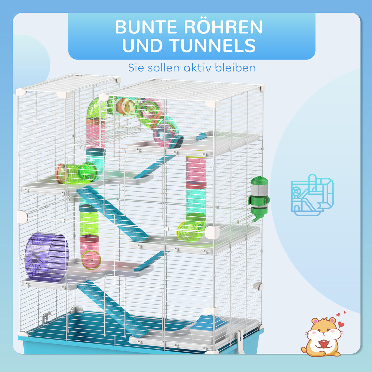 PawHut 6-stöckiger Hamsterkäfig mit Röhren, Tunnels, Hütte, Laufrad, Futterschale, Wasserflasche, Rampen, Hellblau