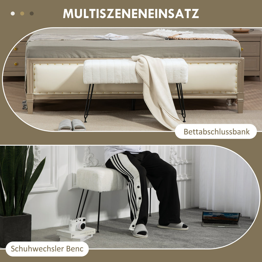 HOMCOM Sitzbank, gesteppter Sitz, Kunstfellbezug, Metallbeine, bis 120 kg, 82x30x47 cm,  Cremeweiß/Schwarz