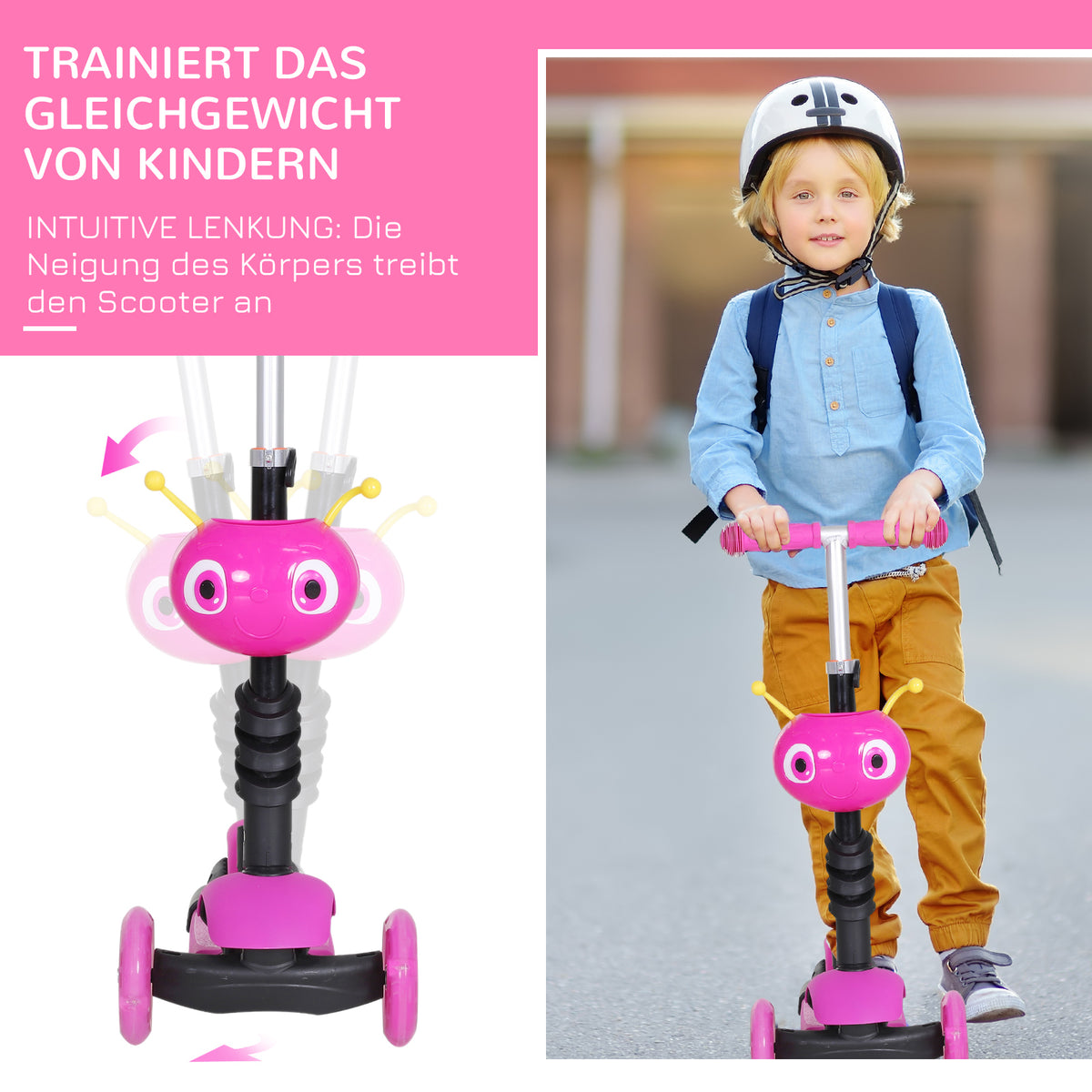 HOMCOM 5-in-1 Kinderroller höhenverstellbarer Tretroller Cityroller Scooter Kinder Roller Kickboard Lenker Teleskoprohr Rosa 62 x 25 x 72,5 cm