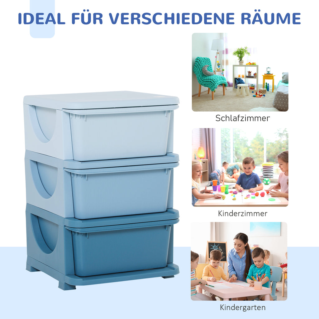 HOMCOM Aufbewahrungsboxen für Kinder, 3 Schubladen, abgerundete Kanten, erhöhtes Design, 37x37x56,5 cm, Blau