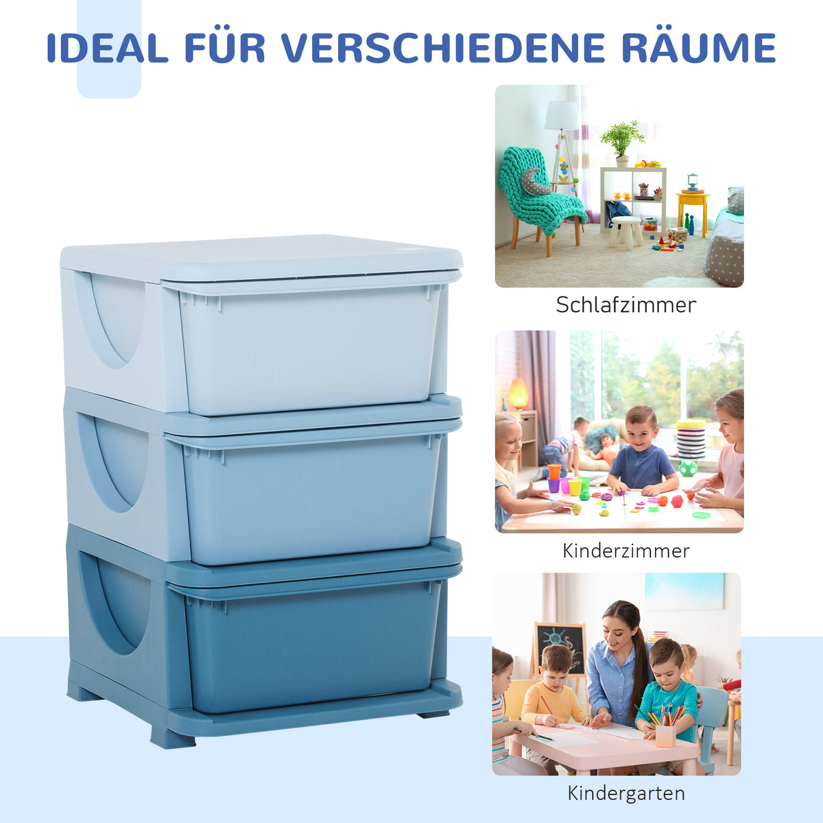 HOMCOM Aufbewahrungsboxen für Kinder, 3 Schubladen, abgerundete Kanten, erhöhtes Design, 37x37x56,5 cm, Blau