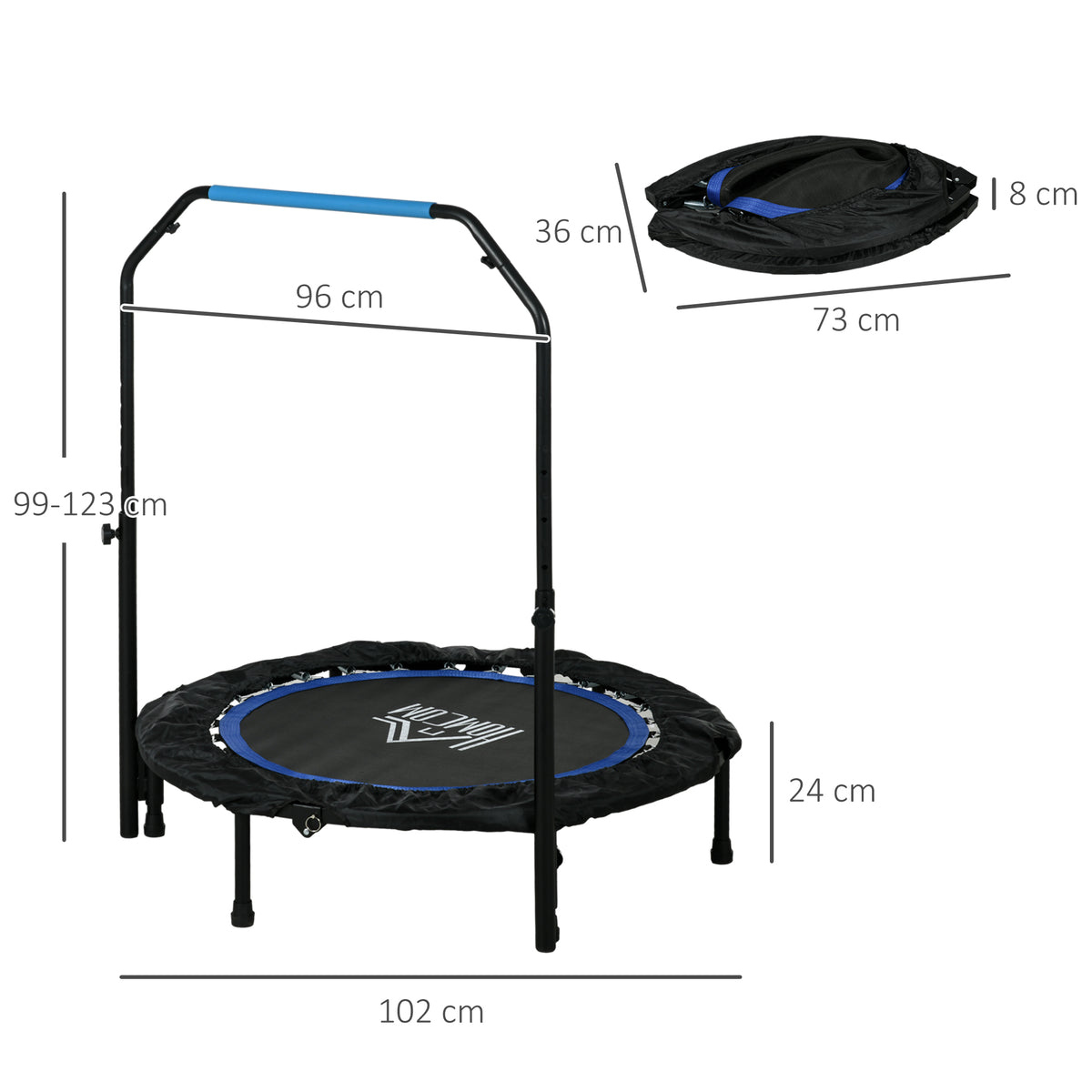 HOMCOM Fitnesstrampolin, klappbar, verstellbarer Haltegriff, Ø102x123H cm, bis 100 kg, Schwarz/Blau